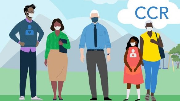 banner diverse group of people outside wearing facial masks, CCR logo