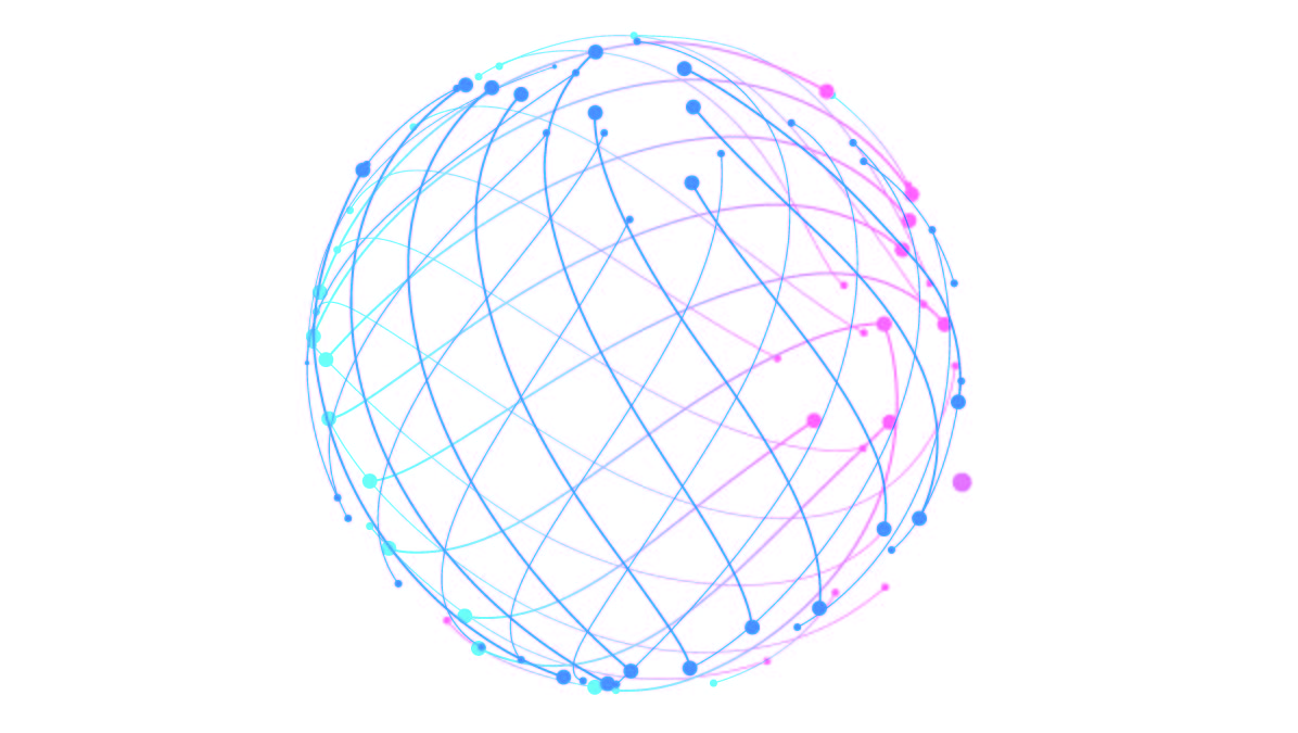 High-tech globe in colors of blue, purple, and pink.