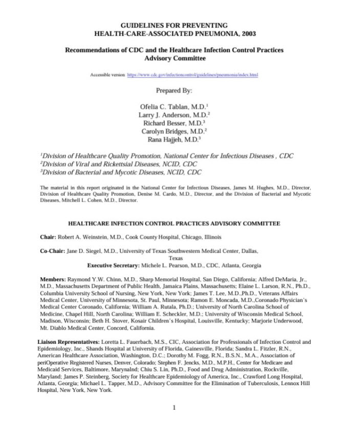 Guidelines for Preventing Health-Care-Associated Pneumonia, 2003 Recommendations of CDC and the Healthcare Infection Control Practices Advisory Committee