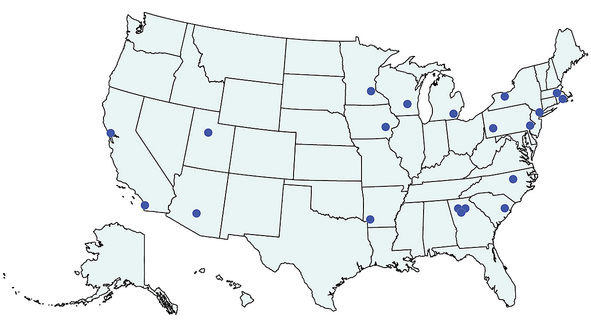 Map showing locations of the 20 currently funded PRCs.