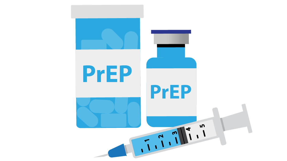 Two medicine bottles and one is labeled PrEP, which is a medicine prescribed for HIV prevention.
