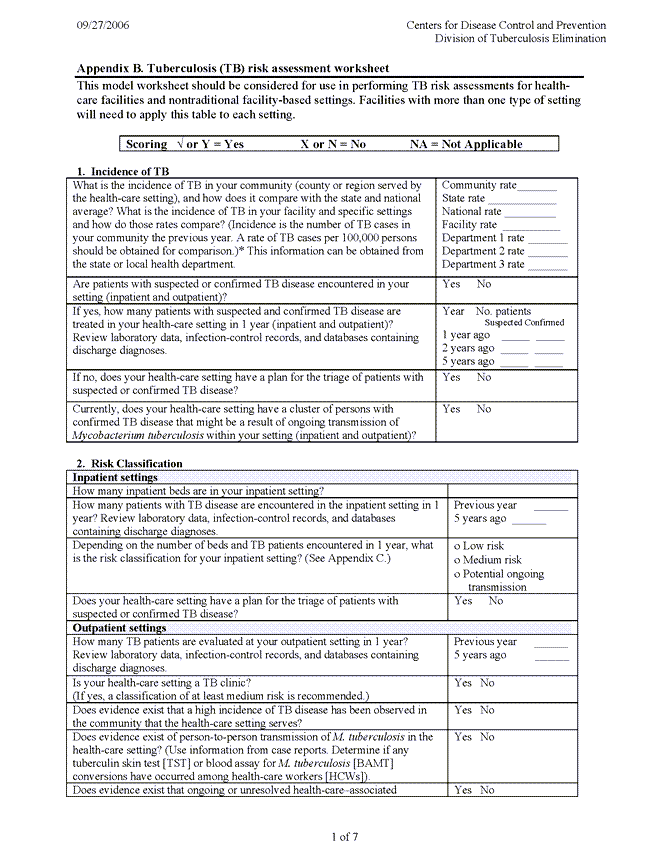 Tuberculosis (TB) Risk Assessment Worksheet for Facilities